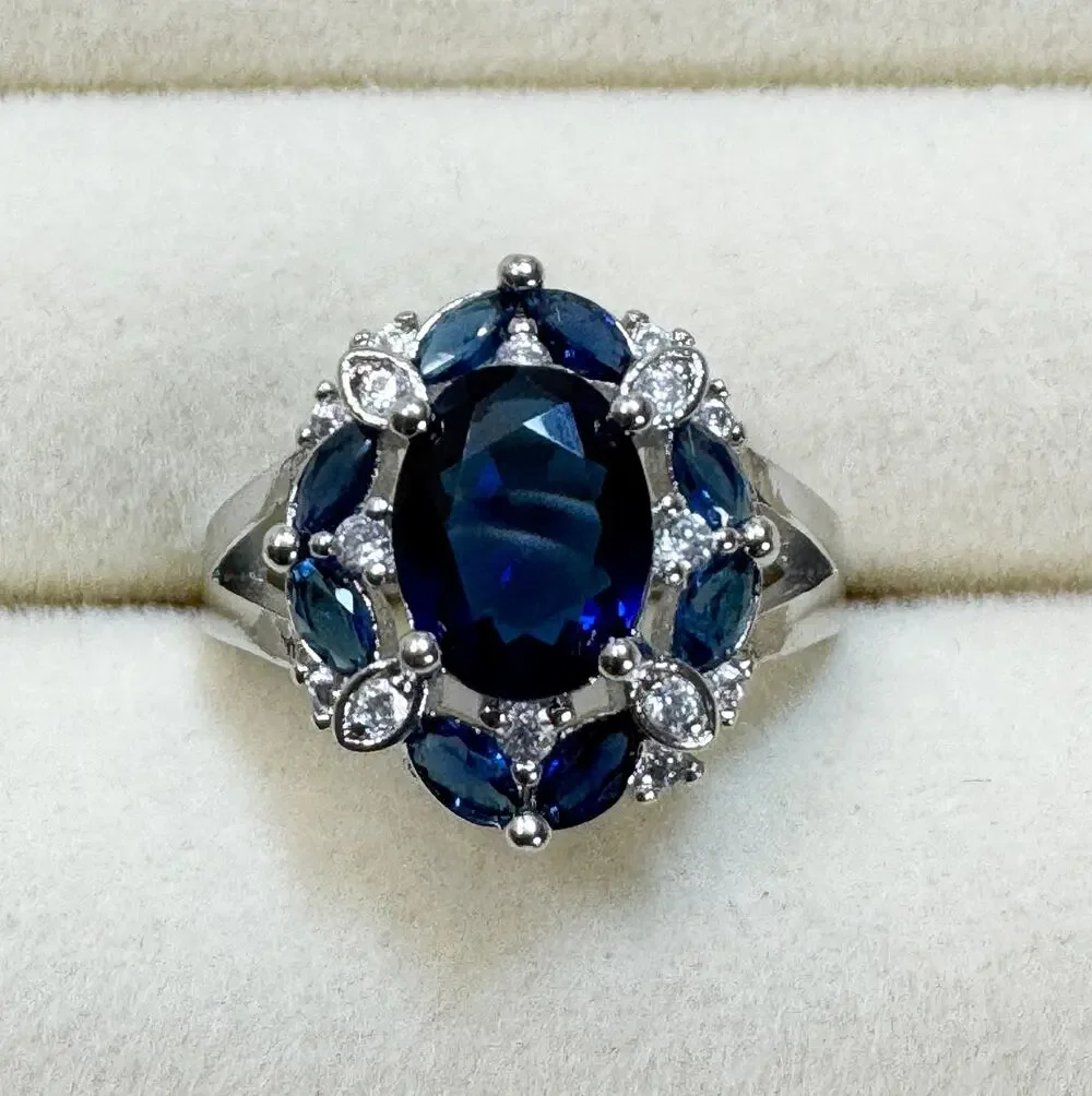 Size 7 New Blue Sapphire Color Ring Silver Oval Cocktail Statement Ring R003